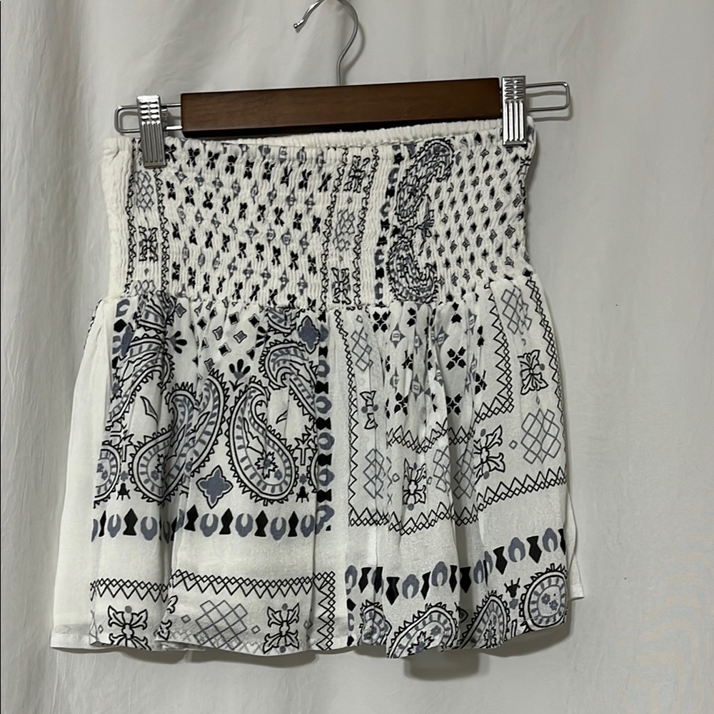 White and Black Mini Skater Skirt with Smocked Pleats